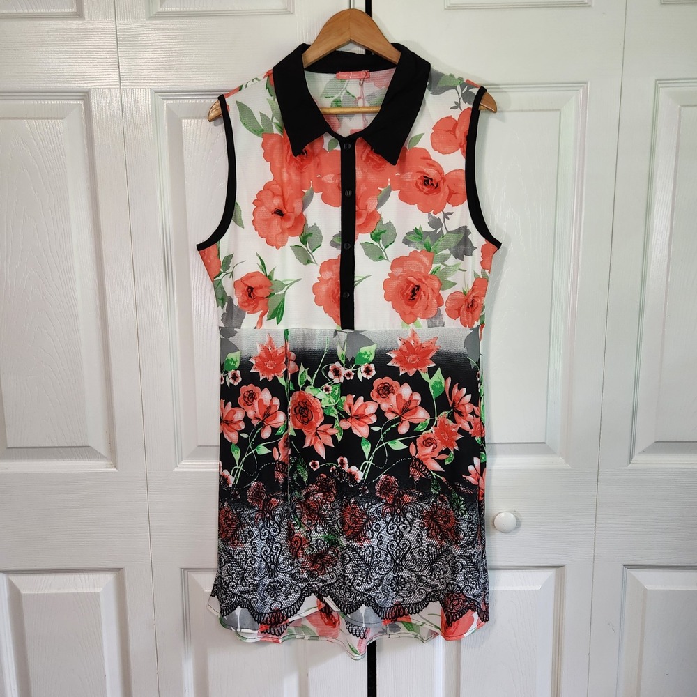 Simply Aster Floral Lace Print‎ Sleeveless Collared Shift Dress Large Mod Retro
